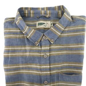 Wellen Mens Linen Blend‎ Short Sleeve Button Down Shirt Blue Tan White  L
